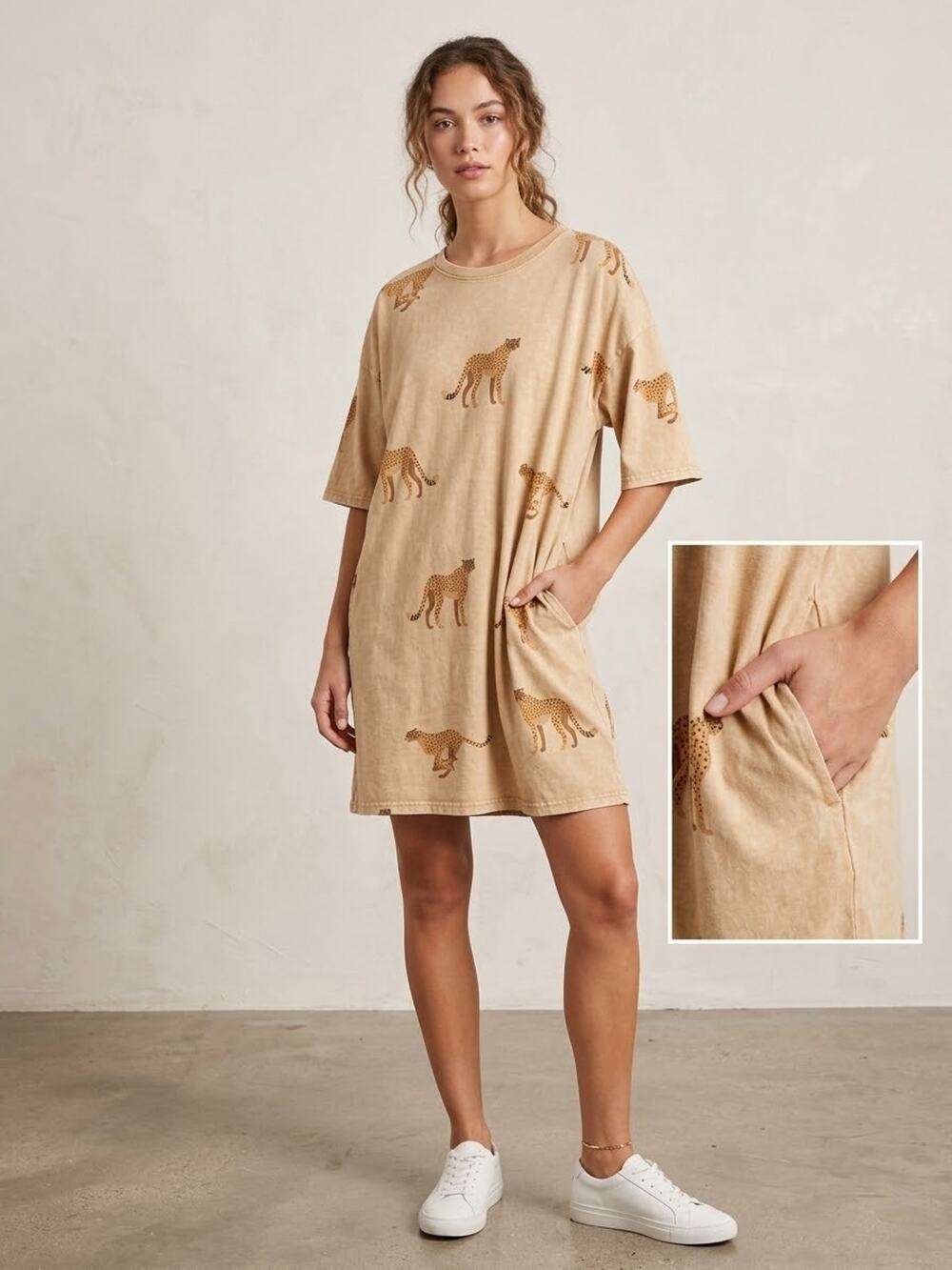 Easel Cheetah Print T Shirt Dress in Beige Medium
